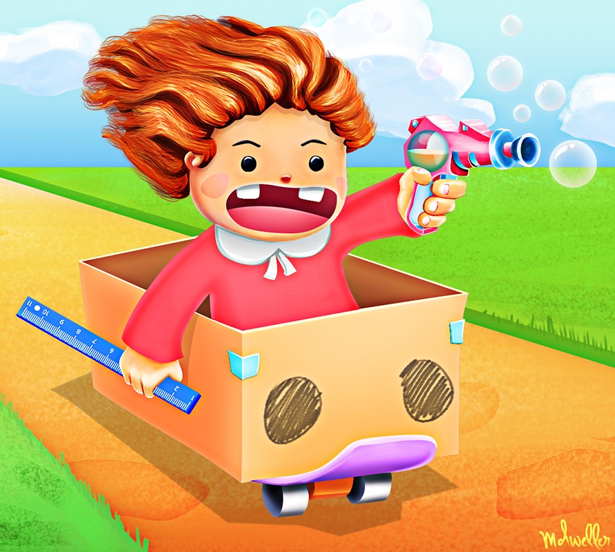 Girl in pink rolling around in a cardboard box and skateboard