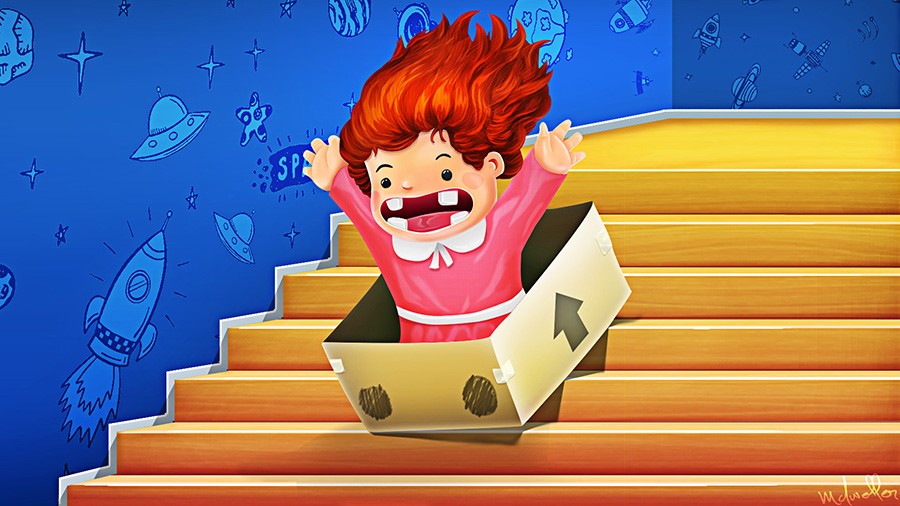 Girl in pink sliding off on stairs in her box