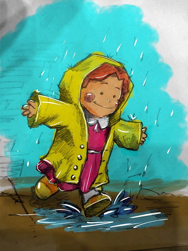 Cute happy little girl in pink dances in rain.
