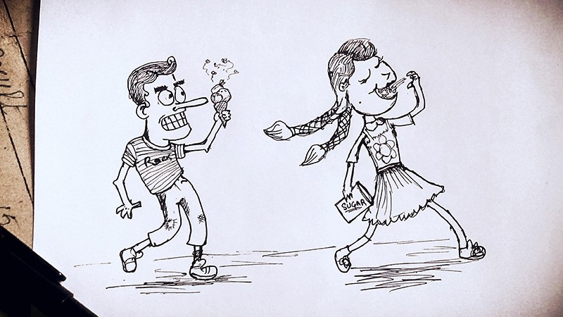 Stupid boy following a stupid girl sketch.
