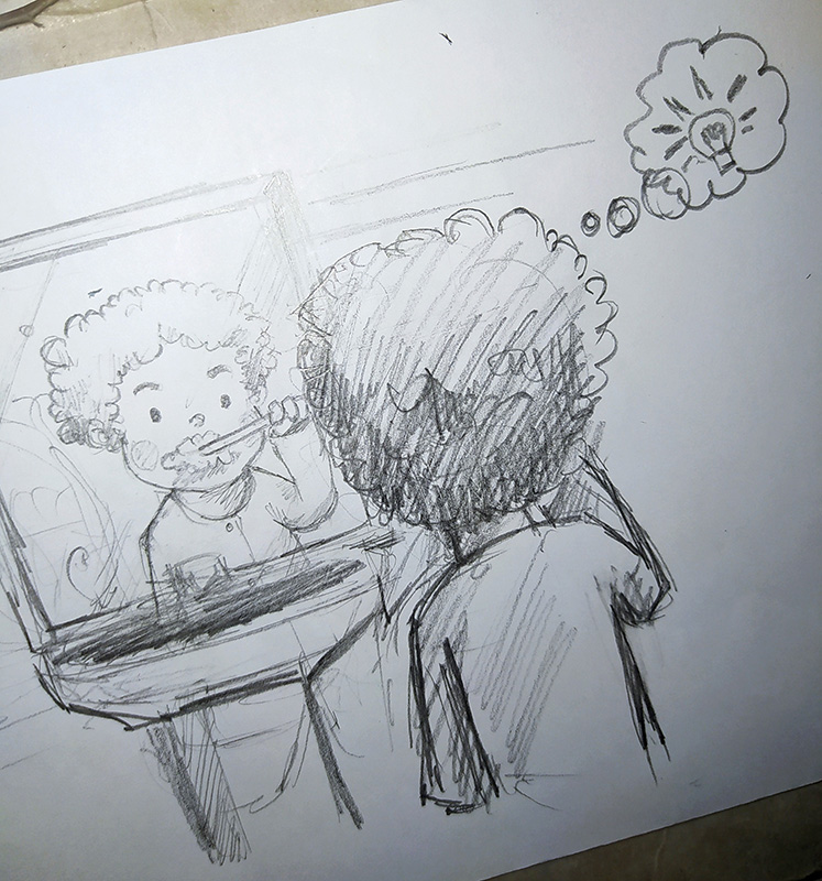 Pre-eliminaries sketch for a story concept of toaster and characters.