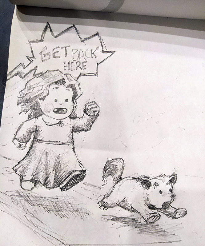 Pre-eliminaries sketch for a story concept of toaster and characters.